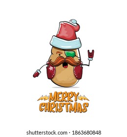 vector rock star Santa Claus potato funny cartoon cute character with red Santa hat and calligraphic merry Christmas text isolated on white background. Rock n roll funky Christmas party banner
