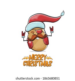 vector rock star Santa Claus potato funny cartoon cute character with red Santa hat and calligraphic merry Christmas text isolated on white background. Rock n roll funky Christmas party banner