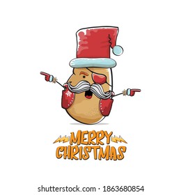 vector rock star Santa Claus potato funny cartoon cute character with red Santa hat and calligraphic merry Christmas text isolated on white background. Rock n roll funky Christmas party banner