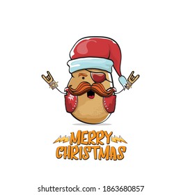 vector rock star Santa Claus potato funny cartoon cute character with red Santa hat and calligraphic merry Christmas text isolated on white background. Rock n roll funky Christmas party banner