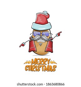 vector rock star Santa Claus potato funny cartoon cute character with red Santa hat and calligraphic merry Christmas text isolated on white background. Rock n roll funky Christmas party banner