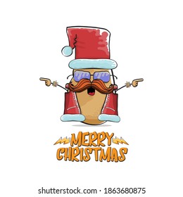 vector rock star Santa Claus potato funny cartoon cute character with red Santa hat and calligraphic merry Christmas text isolated on white background. Rock n roll funky Christmas party banner