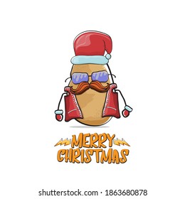 vector rock star Santa Claus potato funny cartoon cute character with red Santa hat and calligraphic merry Christmas text isolated on white background. Rock n roll funky Christmas party banner