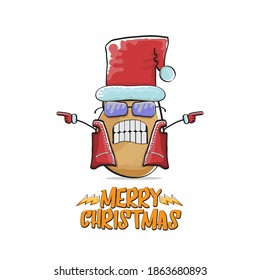 vector rock star Santa Claus potato funny cartoon cute character with red Santa hat and calligraphic merry Christmas text isolated on white background. Rock n roll funky Christmas party banner