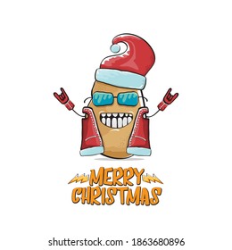 vector rock star Santa Claus potato funny cartoon cute character with red Santa hat and calligraphic merry Christmas text isolated on white background. Rock n roll funky Christmas party banner