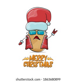 vector rock star Santa Claus potato funny cartoon cute character with red Santa hat and calligraphic merry Christmas text isolated on white background. Rock n roll funky Christmas party banner