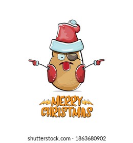 vector rock star Santa Claus potato funny cartoon cute character with red Santa hat and calligraphic merry Christmas text isolated on white background. Rock n roll funky Christmas party banner