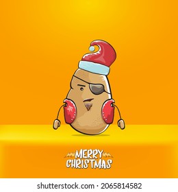 vector rock star Santa Claus potato funny cartoon cute character with red Santa hat and calligraphic merry Christmas text isolated on orange background. Rock n roll funky Christmas party banner
