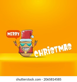 vector rock star Santa Claus potato funny cartoon cute character with red Santa hat and calligraphic merry Christmas text isolated on orange background. Rock n roll funky Christmas party banner