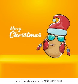 vector rock star Santa Claus potato funny cartoon cute character with red Santa hat and calligraphic merry Christmas text isolated on orange background. Rock n roll funky Christmas party banner