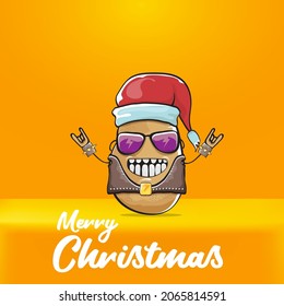 vector rock star Santa Claus potato funny cartoon cute character with red Santa hat and calligraphic merry Christmas text isolated on orange background. Rock n roll funky Christmas party banner