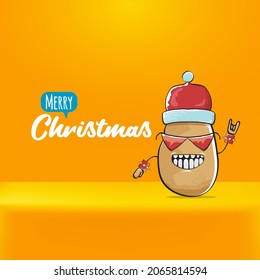 vector rock star Santa Claus potato funny cartoon cute character with red Santa hat and calligraphic merry Christmas text isolated on orange background. Rock n roll funky Christmas party banner