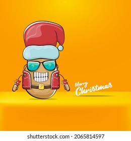 vector rock star Santa Claus potato funny cartoon cute character with red Santa hat and calligraphic merry Christmas text isolated on orange background. Rock n roll funky Christmas party banner