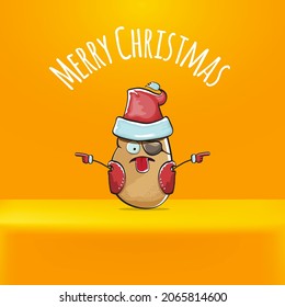 vector rock star Santa Claus potato funny cartoon cute character with red Santa hat and calligraphic merry Christmas text isolated on orange background. Rock n roll funky Christmas party banner
