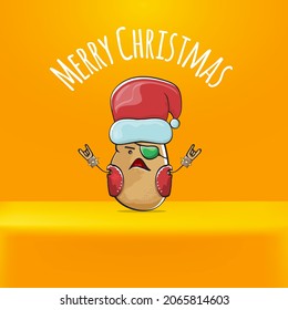 vector rock star Santa Claus potato funny cartoon cute character with red Santa hat and calligraphic merry Christmas text isolated on orange background. Rock n roll funky Christmas party banner