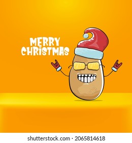 vector rock star Santa Claus potato funny cartoon cute character with red Santa hat and calligraphic merry Christmas text isolated on orange background. Rock n roll funky Christmas party banner