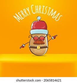 vector rock star Santa Claus potato funny cartoon cute character with red Santa hat and calligraphic merry Christmas text isolated on orange background. Rock n roll funky Christmas party banner