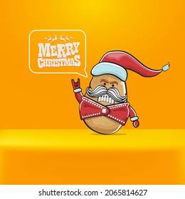 vector rock star Santa Claus potato funny cartoon cute character with red Santa hat and calligraphic merry Christmas text isolated on orange background. Rock n roll funky Christmas party banner