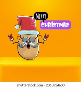 vector rock star Santa Claus potato funny cartoon cute character with red Santa hat and calligraphic merry Christmas text isolated on orange background. Rock n roll funky Christmas party banner