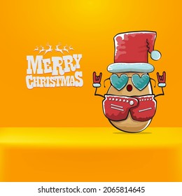 vector rock star Santa Claus potato funny cartoon cute character with red Santa hat and calligraphic merry Christmas text isolated on orange background. Rock n roll funky Christmas party banner
