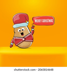 vector rock star Santa Claus potato funny cartoon cute character with red Santa hat and calligraphic merry Christmas text isolated on orange background. Rock n roll funky Christmas party banner