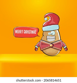 vector rock star Santa Claus potato funny cartoon cute character with red Santa hat and calligraphic merry Christmas text isolated on orange background. Rock n roll funky Christmas party banner