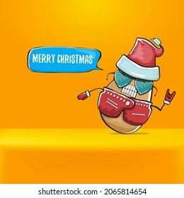 vector rock star Santa Claus potato funny cartoon cute character with red Santa hat and calligraphic merry Christmas text isolated on orange background. Rock n roll funky Christmas party banner