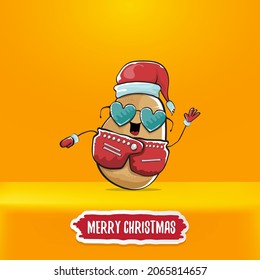 vector rock star Santa Claus potato funny cartoon cute character with red Santa hat and calligraphic merry Christmas text isolated on orange background. Rock n roll funky Christmas party banner