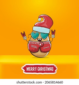 vector rock star Santa Claus potato funny cartoon cute character with red Santa hat and calligraphic merry Christmas text isolated on orange background. Rock n roll funky Christmas party banner