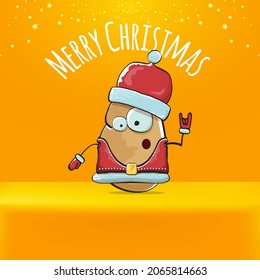 vector rock star Santa Claus potato funny cartoon cute character with red Santa hat and calligraphic merry Christmas text isolated on orange background. Rock n roll funky Christmas party banner