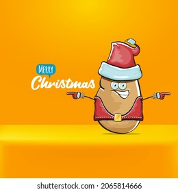 vector rock star Santa Claus potato funny cartoon cute character with red Santa hat and calligraphic merry Christmas text isolated on orange background. Rock n roll funky Christmas party banner