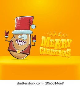 vector rock star Santa Claus potato funny cartoon cute character with red Santa hat and calligraphic merry Christmas text isolated on orange background. Rock n roll funky Christmas party banner