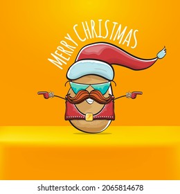 vector rock star Santa Claus potato funny cartoon cute character with red Santa hat and calligraphic merry Christmas text isolated on orange background. Rock n roll funky Christmas party banner