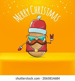 vector rock star Santa Claus potato funny cartoon cute character with red Santa hat and calligraphic merry Christmas text isolated on orange background. Rock n roll funky Christmas party banner