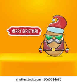 vector rock star Santa Claus potato funny cartoon cute character with red Santa hat and calligraphic merry Christmas text isolated on orange background. Rock n roll funky Christmas party banner
