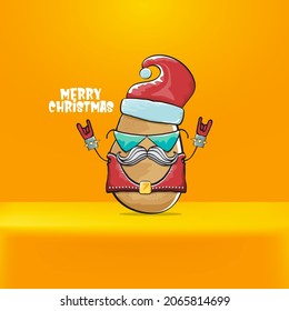 vector rock star Santa Claus potato funny cartoon cute character with red Santa hat and calligraphic merry Christmas text isolated on orange background. Rock n roll funky Christmas party banner
