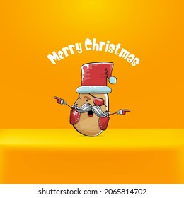 vector rock star Santa Claus potato funny cartoon cute character with red Santa hat and calligraphic merry Christmas text isolated on orange background. Rock n roll funky Christmas party banner