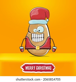 vector rock star Santa Claus potato funny cartoon cute character with red Santa hat and calligraphic merry Christmas text isolated on orange background. Rock n roll funky Christmas party banner