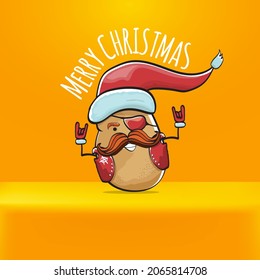 vector rock star Santa Claus potato funny cartoon cute character with red Santa hat and calligraphic merry Christmas text isolated on orange background. Rock n roll funky Christmas party banner