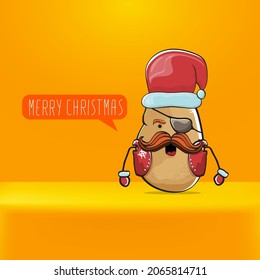 vector rock star Santa Claus potato funny cartoon cute character with red Santa hat and calligraphic merry Christmas text isolated on orange background. Rock n roll funky Christmas party banner