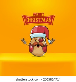vector rock star Santa Claus potato funny cartoon cute character with red Santa hat and calligraphic merry Christmas text isolated on orange background. Rock n roll funky Christmas party banner