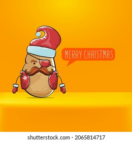 vector rock star Santa Claus potato funny cartoon cute character with red Santa hat and calligraphic merry Christmas text isolated on orange background. Rock n roll funky Christmas party banner