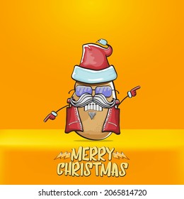 vector rock star Santa Claus potato funny cartoon cute character with red Santa hat and calligraphic merry Christmas text isolated on orange background. Rock n roll funky Christmas party banner