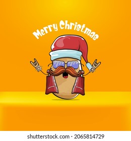 vector rock star Santa Claus potato funny cartoon cute character with red Santa hat and calligraphic merry Christmas text isolated on orange background. Rock n roll funky Christmas party banner