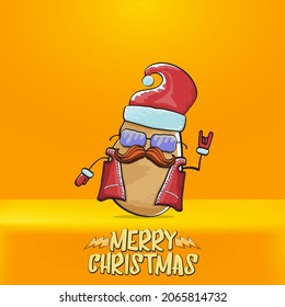 estrella de rock vectorial Santa Claus papa graciosa caricatura personaje lindo con sombrero de Santa Claus rojo y texto de navidad caligráfico aislado en el fondo naranja. Banner de la fiesta navideña de Rock n roll
