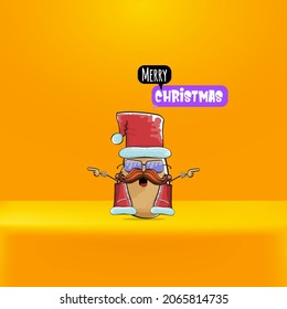 vector rock star Santa Claus potato funny cartoon cute character with red Santa hat and calligraphic merry Christmas text isolated on orange background. Rock n roll funky Christmas party banner