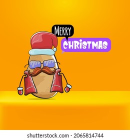 vector rock star Santa Claus potato funny cartoon cute character with red Santa hat and calligraphic merry Christmas text isolated on orange background. Rock n roll funky Christmas party banner