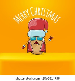 vector rock star Santa Claus potato funny cartoon cute character with red Santa hat and calligraphic merry Christmas text isolated on orange background. Rock n roll funky Christmas party banner