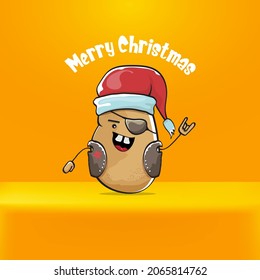 vector rock star Santa Claus potato funny cartoon cute character with red Santa hat and calligraphic merry Christmas text isolated on orange background. Rock n roll funky Christmas party banner