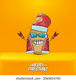 vector rock star Santa Claus potato funny cartoon cute character with red Santa hat and calligraphic merry Christmas text isolated on orange background. Rock n roll funky Christmas party banner